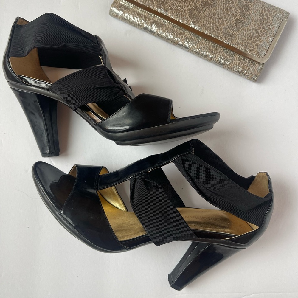 Arturochiang Black Patent/Fabric Gladiator Heels Size 8M  3 1/2” Heels